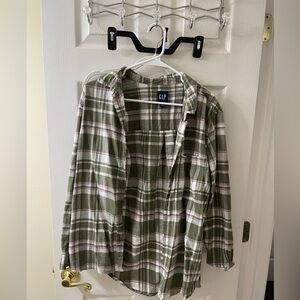 GAP Women’s Olive and Pink Plaid Button Down Shirt